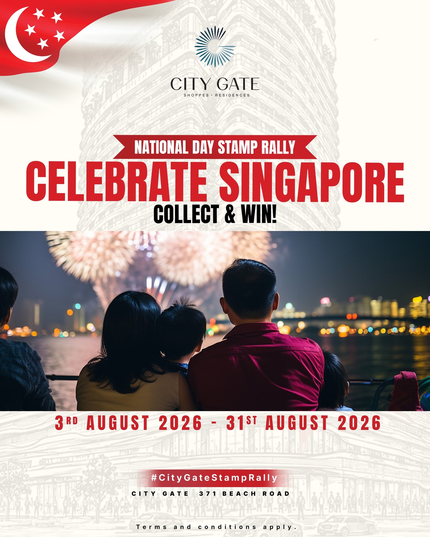 City Gate Stamp Rally artwork — National Day Stamp Rally, Celebrate Singapore, collect and win, 3 to 31 August 2026